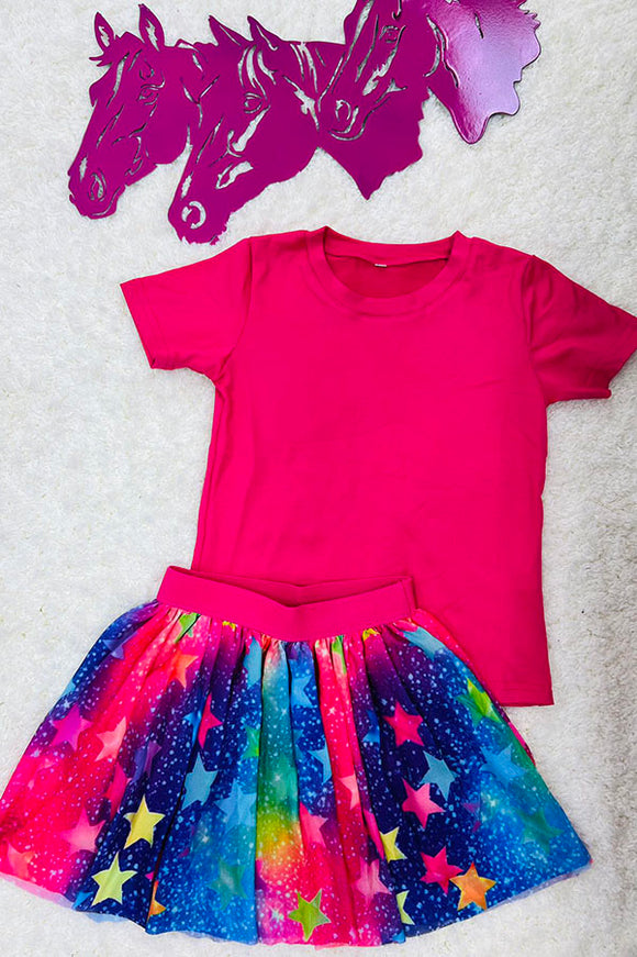 DLH2780 Pink short sleeve top colorful stars print skirt girls sets