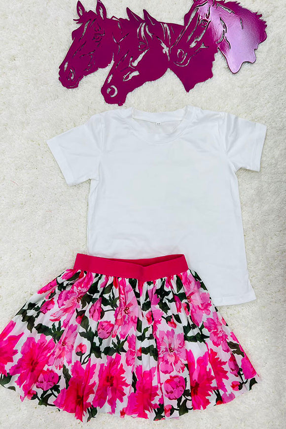 DLH2781 White short sleeve top floral print skirt girls sets