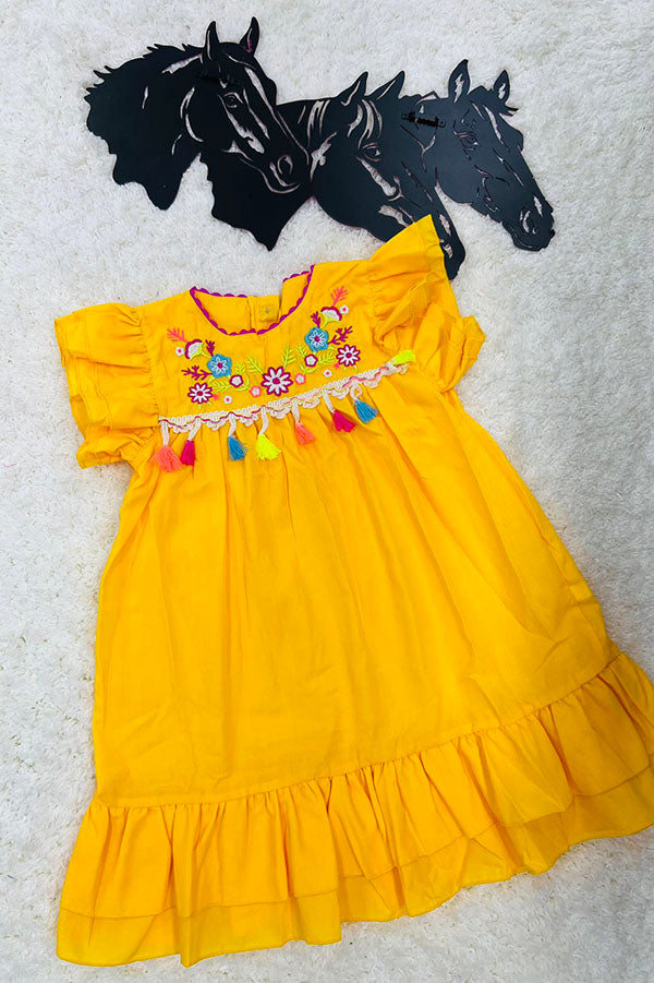 DLH2776 Floral embroidery yellow short sleeve girls dress with tassels   Ladycharmonline.com
