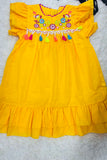 DLH2776 Floral embroidery yellow short sleeve girls dress with tassels