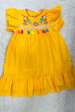 DLH2776 Floral embroidery yellow short sleeve girls dress with tassels