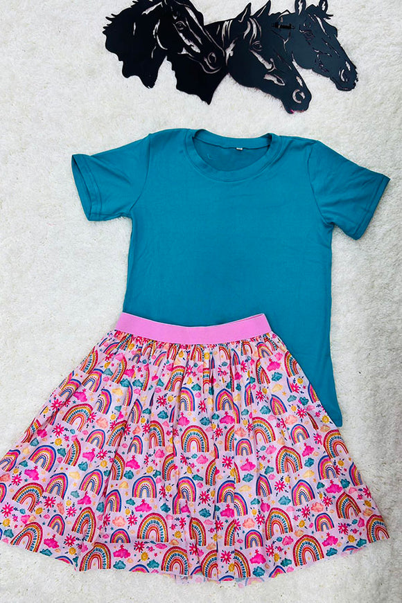DLH2785 Turquoise short sleeve top rainbow prints skirt girls clothing set