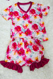 DLH0913-12 Pink floral short girl set with ruffles