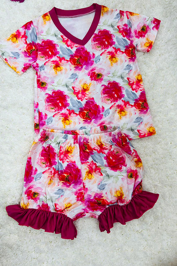 DLH0913-12 Pink floral short girl set with ruffles