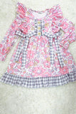 12188MZ Floral printed & grey plaid ruffle long sleeve girls dress