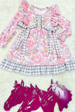 12188MZ Floral printed & grey plaid ruffle long sleeve girls dress