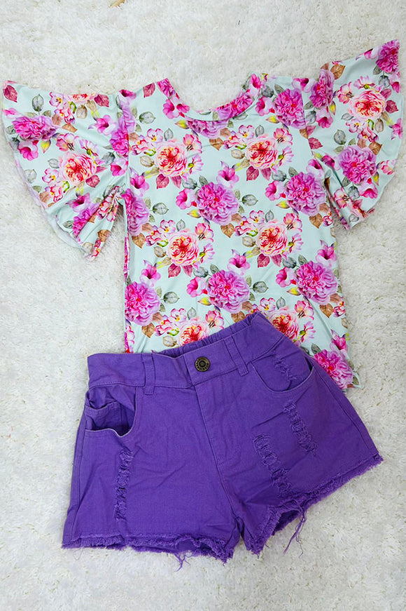 DLH2389 Wholesale Floral print top purple denim shorts girls clothing sets