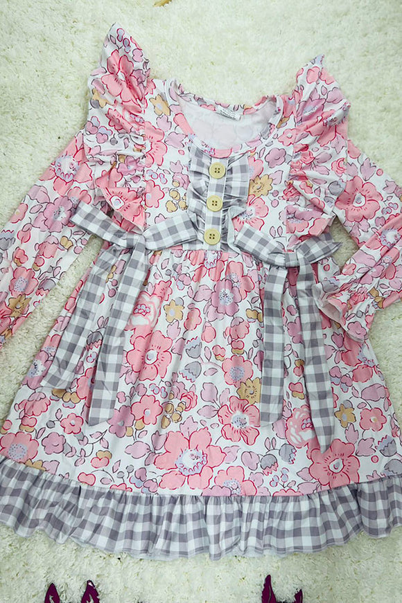 12188MZ Floral printed & grey plaid ruffle long sleeve girls dress