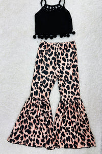 DLH2410 Black pompom tops leopard print pant girls outfit sets