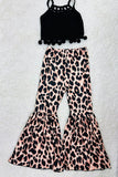 DLH2410 Black pompom tops leopard print pant girls outfit sets