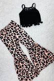 DLH2410 Black pompom tops leopard print pant girls outfit sets