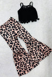 DLH2410 Black pompom tops leopard print pant girls outfit sets