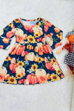 DLH2607 Pumpkins & sunflowers navy girls dress