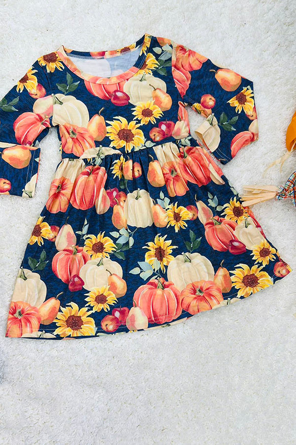 DLH2607 Pumpkins & sunflowers navy girls dress