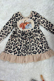 Cheetah & pumpkins ruffle long sleeve girls dress DLH2336