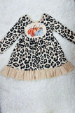 Cheetah & pumpkins ruffle long sleeve girls dress DLH2336