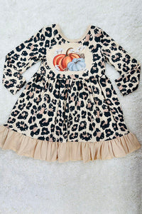 Cheetah & pumpkins ruffle long sleeve girls dress DLH2336