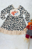 Cheetah & pumpkins ruffle long sleeve girls dress DLH2336