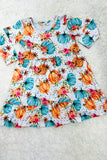 XCH0555-22H Multi color pumpkins print long sleeve girls dress