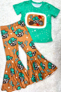 DLH2585 Cowgirls pumpkin prints top and bottom halloween girls sets