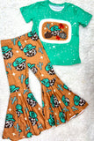 DLH2585 Cowgirls pumpkin prints top and bottom halloween girls sets