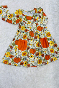 Floral & pumpkin print pockets long sleeve dress XCH0014-1H