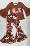 "SPOOKY SEASON" brown bell sleeve top pant girls clothing set XCH0013-13H