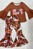 "SPOOKY SEASON" brown bell sleeve top pant girls clothing set XCH0013-13H