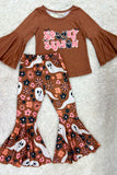 "SPOOKY SEASON" brown bell sleeve top pant girls clothing set XCH0013-13H