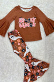 "SPOOKY SEASON" brown bell sleeve top pant girls clothing set XCH0013-13H