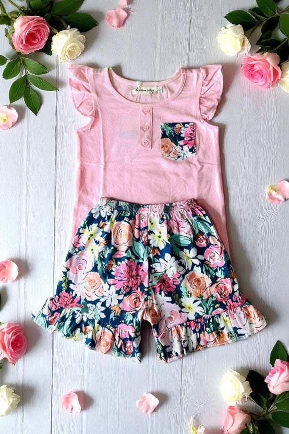 Buy pink top floral shorts 2pc girls outfit sets XCH0666-31H