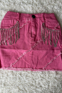 DLH2618 Solid pink denim girls skirt with rhinestone fringe