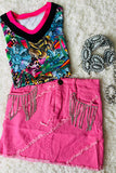 DLH2618 Solid pink denim girls skirt with rhinestone fringe