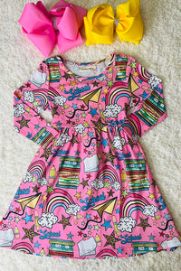 XCH0888-6H (A1S3) BACK TO School printed girl dress w/ 3/4 sleeves