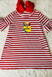 Back to school striped red w/ crayons embroidery patch girl dress DLH2421