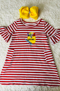 Back to school striped red w/ crayons embroidery patch girl dress DLH2421