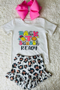 "BACK TO SCHOOL READY" cheetah print girls clothing set DLH2521