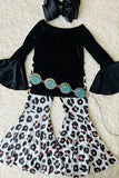 DLH2731 Black velvet long sleeve top & leopard bell bottom girls sets