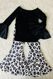 DLH2731 Black velvet long sleeve top & leopard bell bottom girls sets