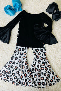 DLH2731 Black velvet long sleeve top & leopard bell bottom girls sets