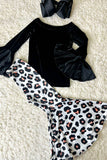 DLH2731 Black velvet long sleeve top & leopard bell bottom girls sets