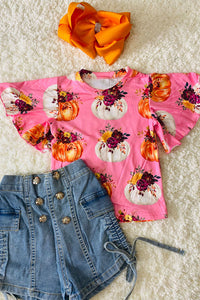 DLH2578 Pink pumpkins & floral print ruffle short sleeve top