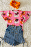 DLH2578 Pink pumpkins & floral print ruffle short sleeve top