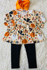 "BOO", rainbows, ghost, bats, & pumpkins 2pc ruffle set XCH0010-3H