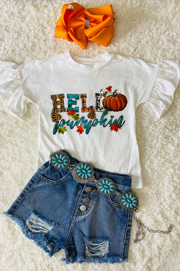 DLH2614 HELLO Pumpkin white ruffle girls tops