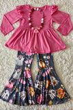 Pink & gray ghost, roses, & pumpkins girls clothing set DLH2666