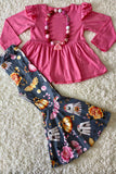 Pink & gray ghost, roses, & pumpkins girls clothing set DLH2666