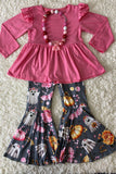 Pink & gray ghost, roses, & pumpkins girls clothing set DLH2666