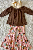 DLH2597 Brown top pumpkin print bell bottom boutique girls clothing sets