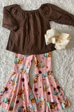 DLH2597 Brown top pumpkin print bell bottom boutique girls clothing sets